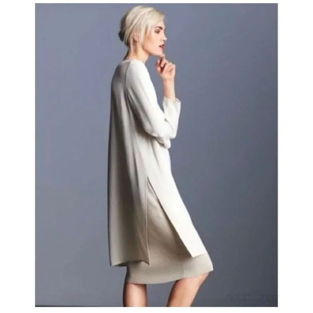 Eileen Fisher 100% silk cream long tunic blouse top side slits long sleeve size
